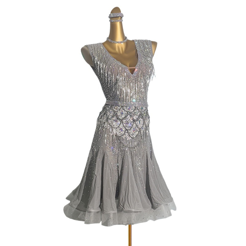 Custom Size Silver Competition Latin Dance Dresses for Women Girls Salsa Rumba Blackpool Latin Dance Costumes