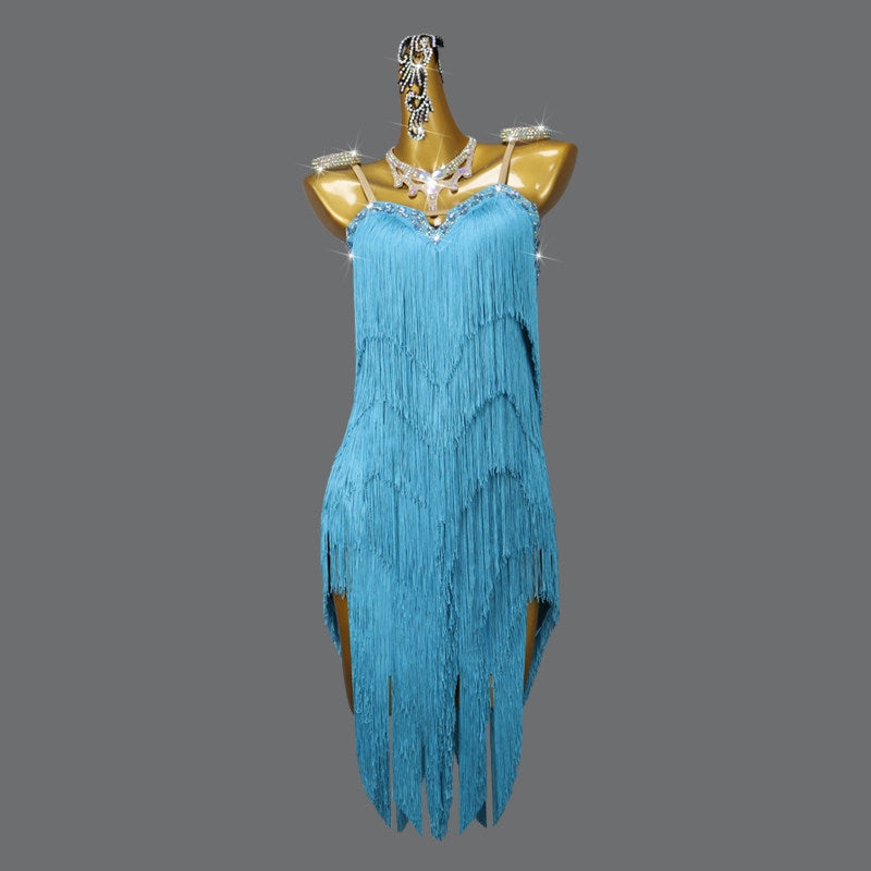 Lake Blue Latin Dance Dress with Tiered Fringe & Rhinestone Bodice