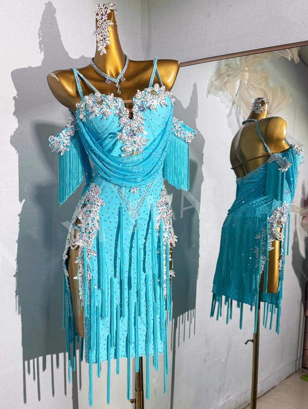 Custom Size Turquoise Flesh Latin Dance Dresses Blackpool Competititon Dance Clothes Ball Party Latin Dance Costumes