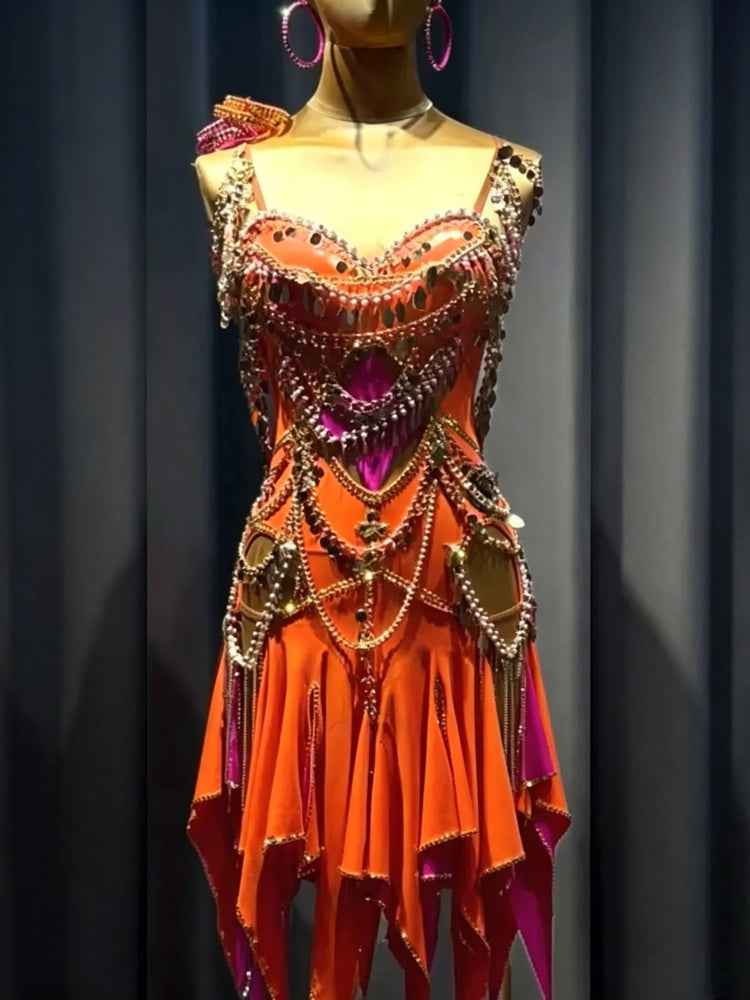 Custom Orange Gold Crystal Ballroom Dance Dress Competition Gown –