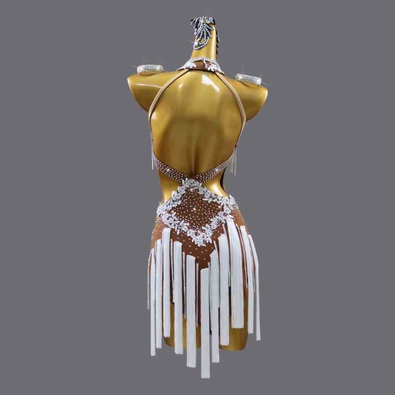 Brown White Fringe Competition Professional Latin Dance Dresses for Women Girls Salsa Rumba Chacha Rhythm Dance Performance Outfits Black Pool Dress - Moderndancedress.com