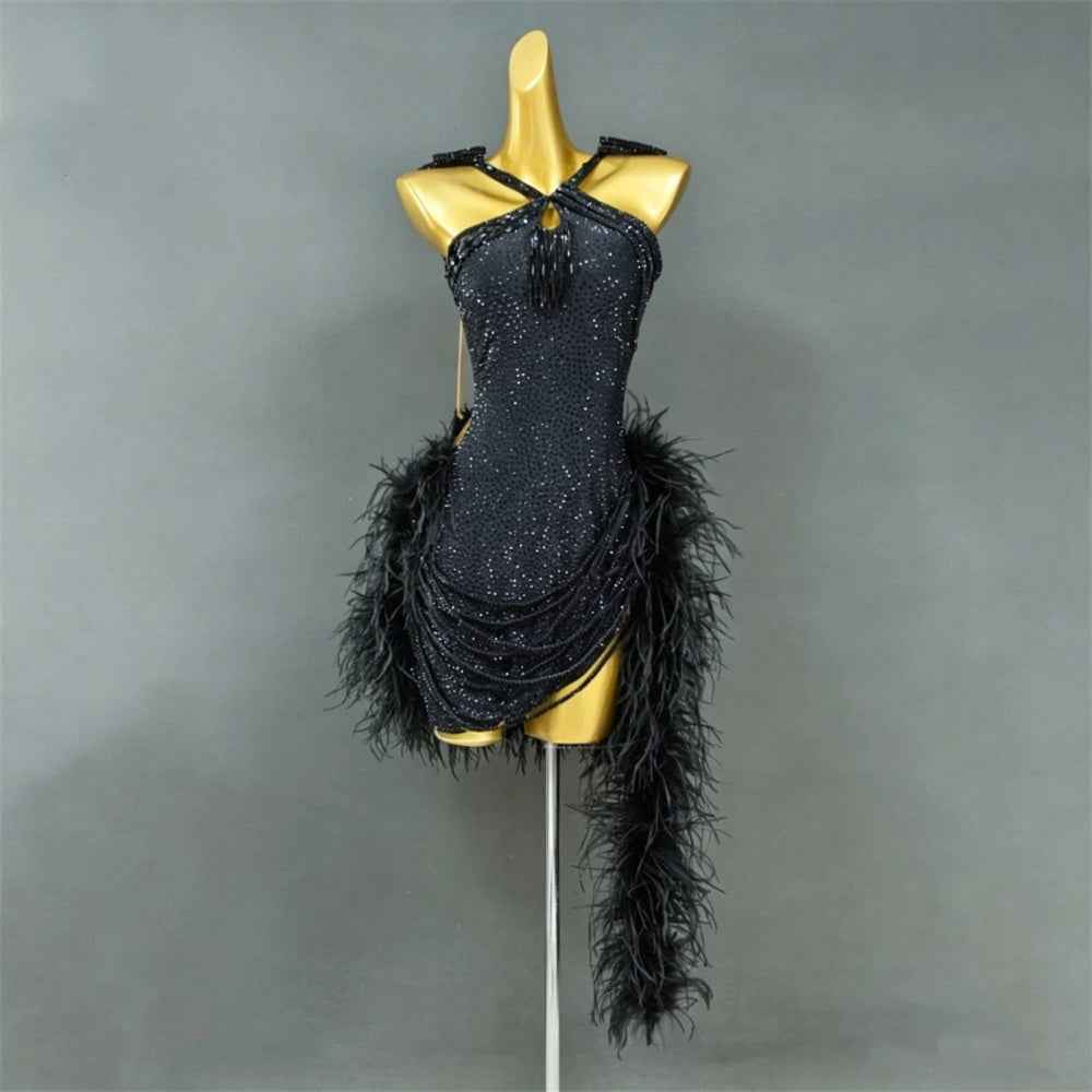 Custom Competition Feather Latin Dance Dress Royal Blue Red Fuchsia Pink Blackpool Salsa Samba Dance Clothes