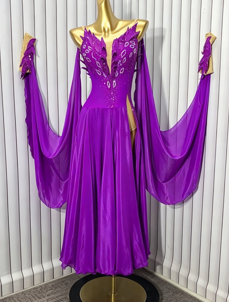 Custom Blue American Smooth Ballroom Dance Dress with Floating Sleeves | Crystal Gown