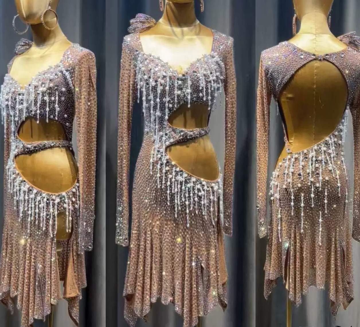 Custom Flesh Competition Rhinestone Latin Dance Dress Sparkly Fringe Competition Gown