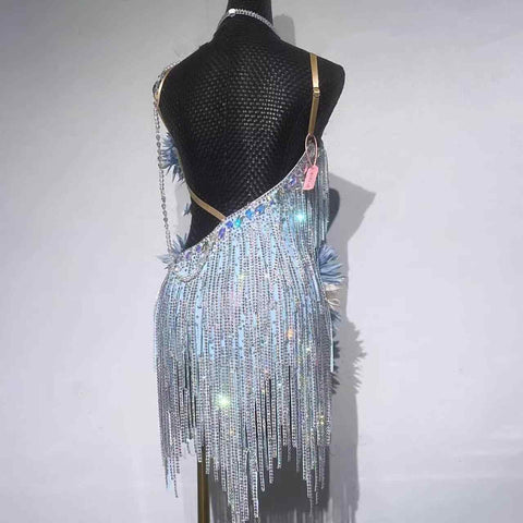 Custom Pink Blue Flowers Bling Competition Latin Dance Dresses for Women Girls