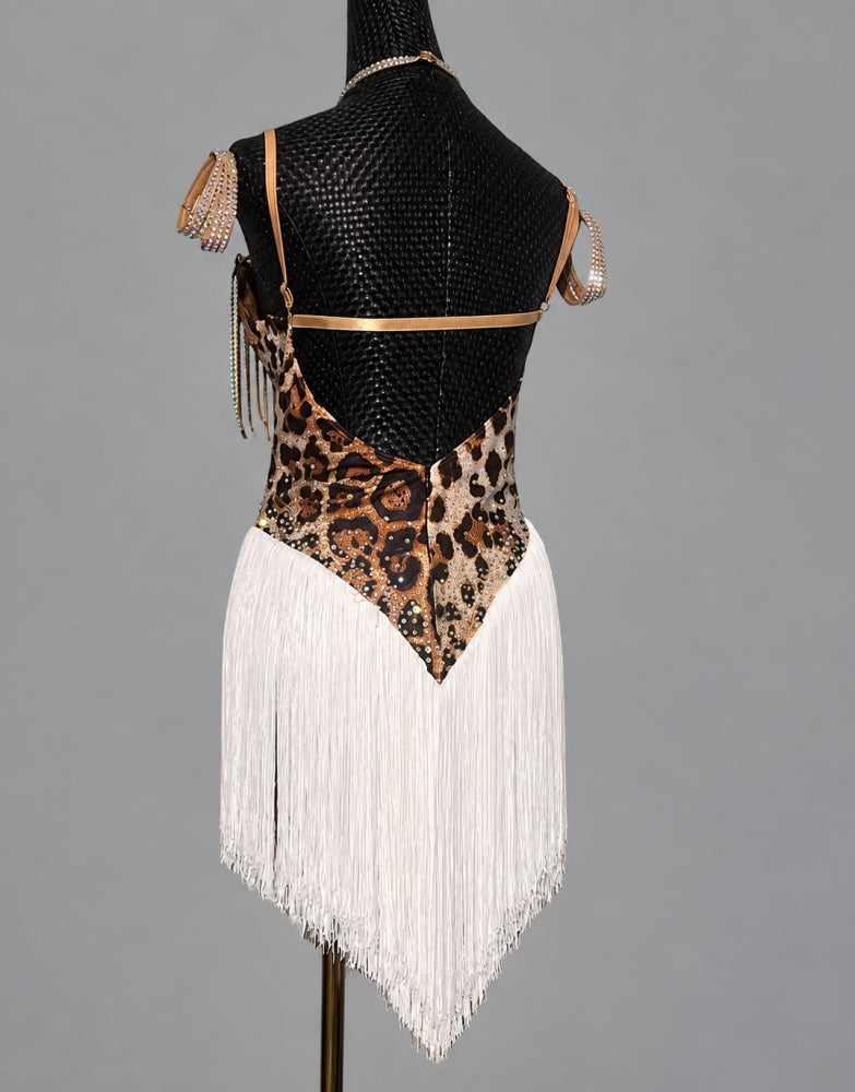 Custom Leopard with White Latin Dance Competition Dresses with Bling Fringe