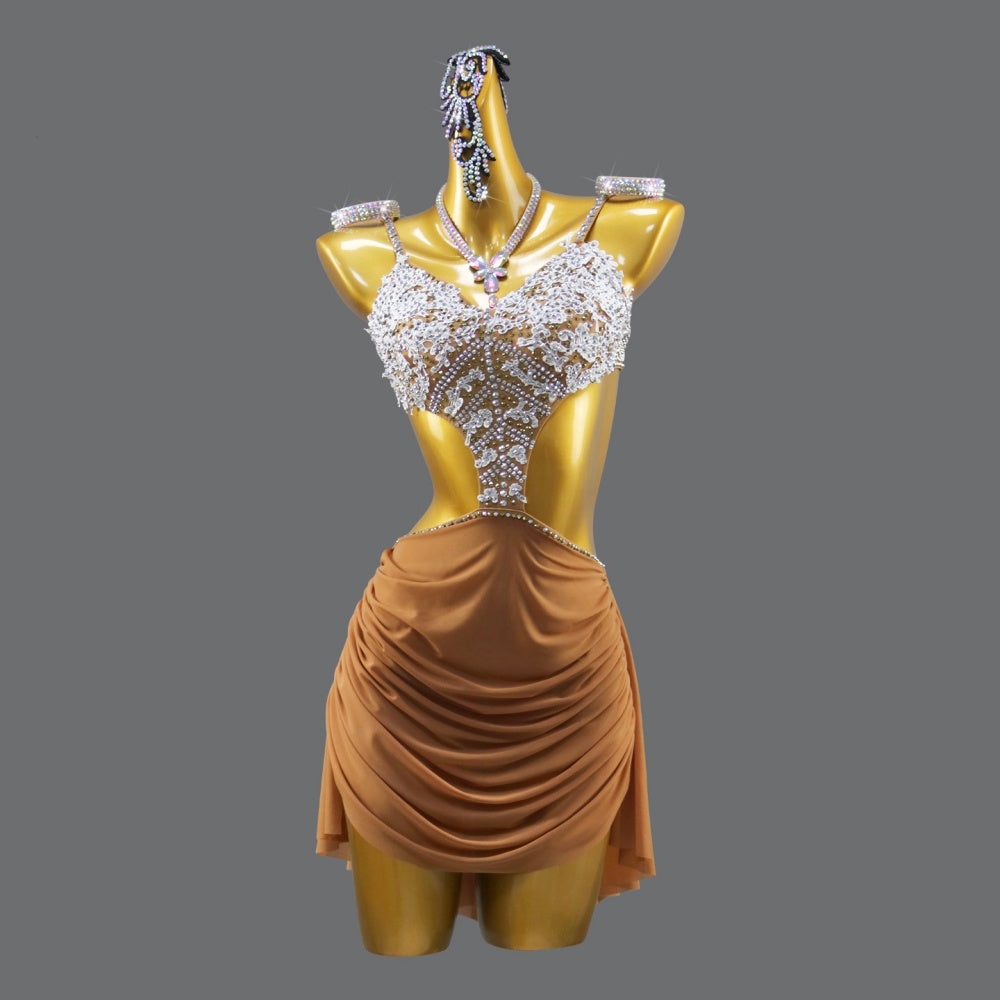 Caramel Rhinestone Latin Dress - Cut-out Ballroom Dancewear