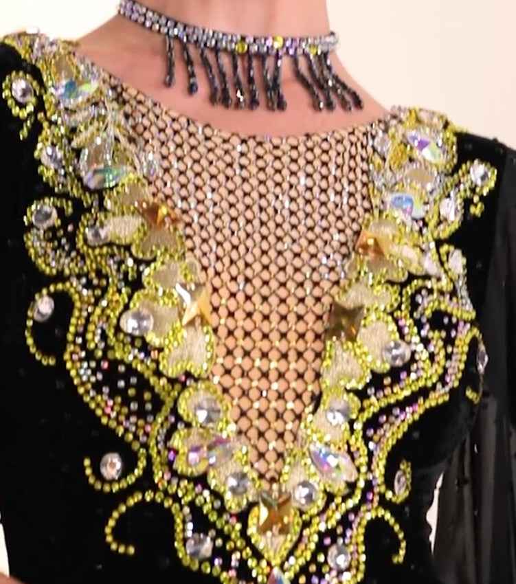 Custom Size Black with Gold Crystal Competition Ballroom Dance Dress Waltz Tango Rhythm Foxtrot Dance Gown