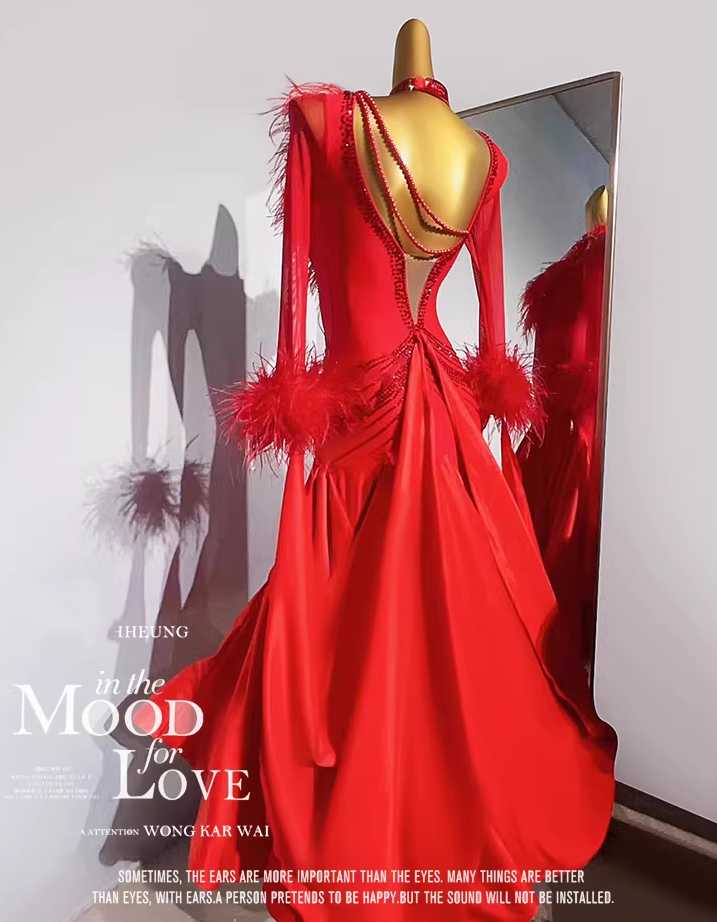 Custom Size Women Ostrich Hair Ballroom Dance Dress Red Smooth Waltz Gown