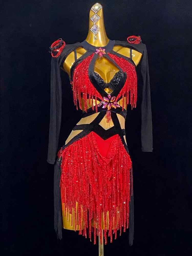 Custom Size Competition Women's Latin Dance Dresses Black Red Patchwork Bling Fringe