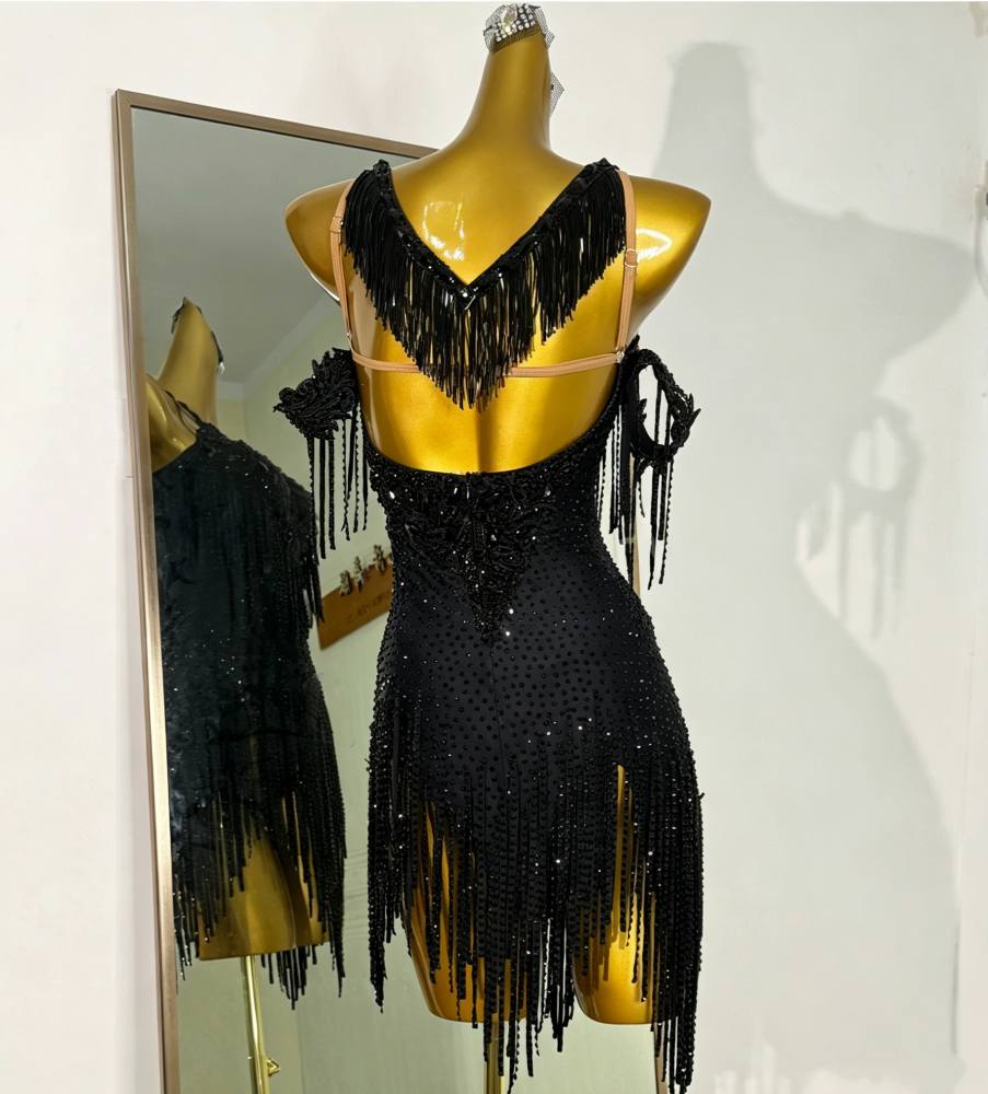 Custom Size Black Bling Fringe Competition Latin Dance Dress Salsa Chacha Dance Costume