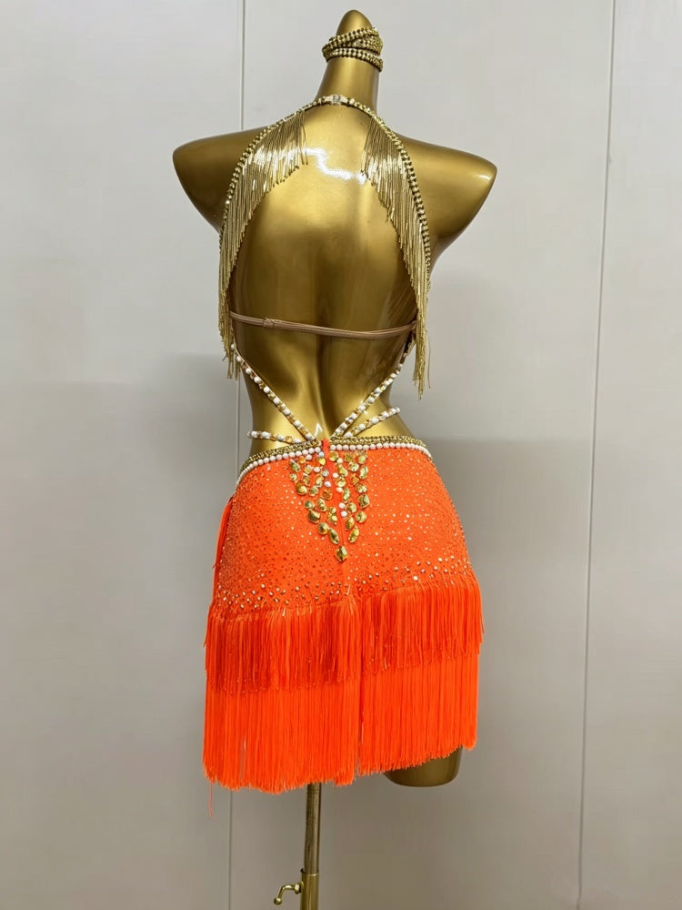 Custom Blue Orange Latin Dance Dress with Gold Fringe & Crystals