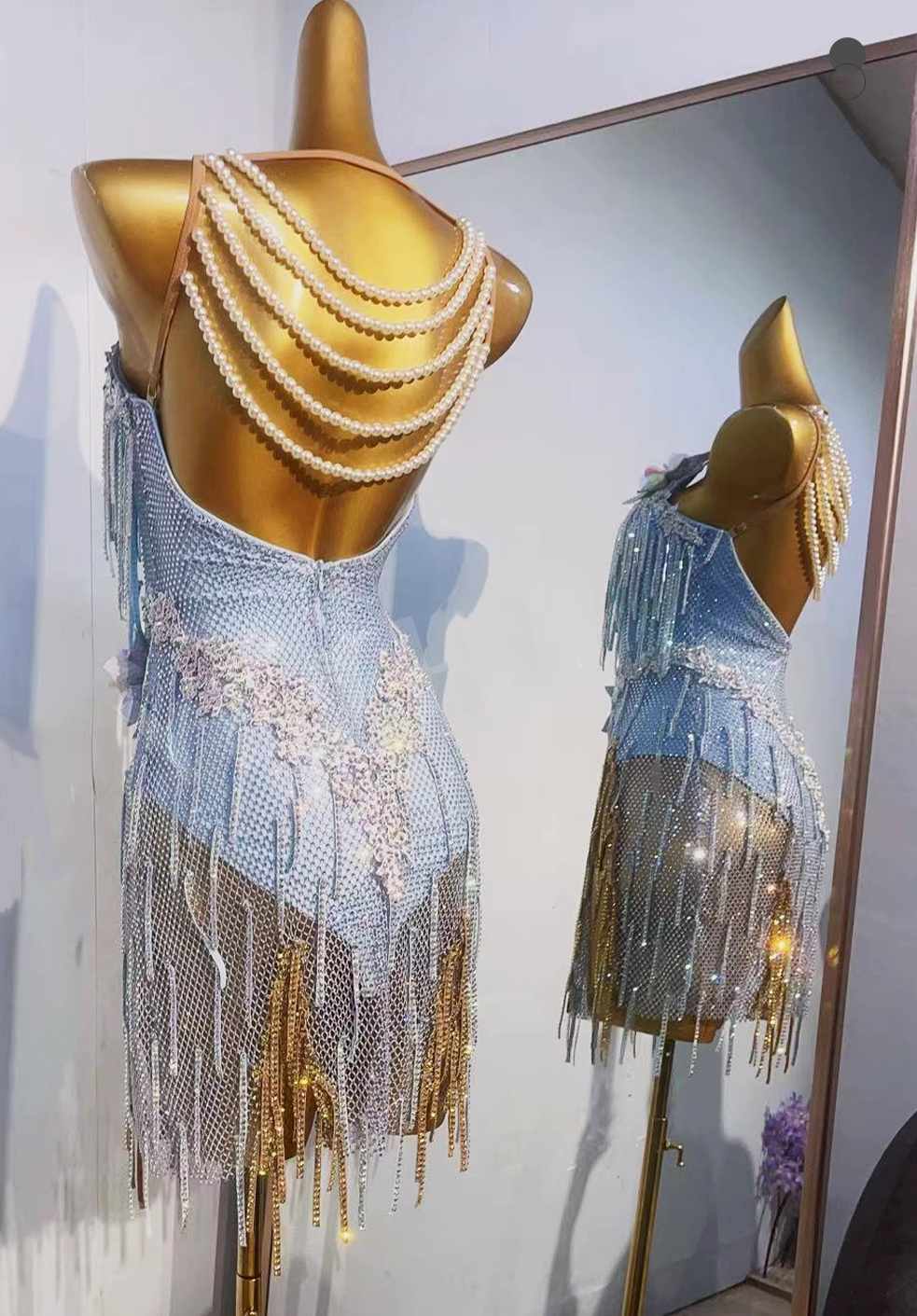 Custom Size Blue Mesh Competition Latin Dance Dreses for Women Girls Salsa Rumba Chacha Dance Costumes