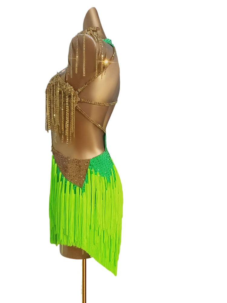Custom Size Green Fringe Competition Latin Dance Dresses for Women Girls Salsa Rumba Chacha Performance Costumes - Moderndancedress.com