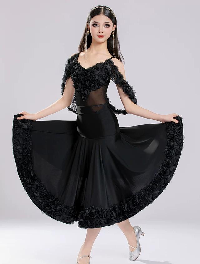 Girls Ballroom Dance Dress 3D Rose Flowers Pink White Waltz Tango Stage Performance Gown