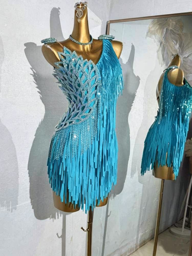 Custom Size Turquoise Petals Bling Competition Latin Dress Salsa Chacha Ballroom Dancing Costumes