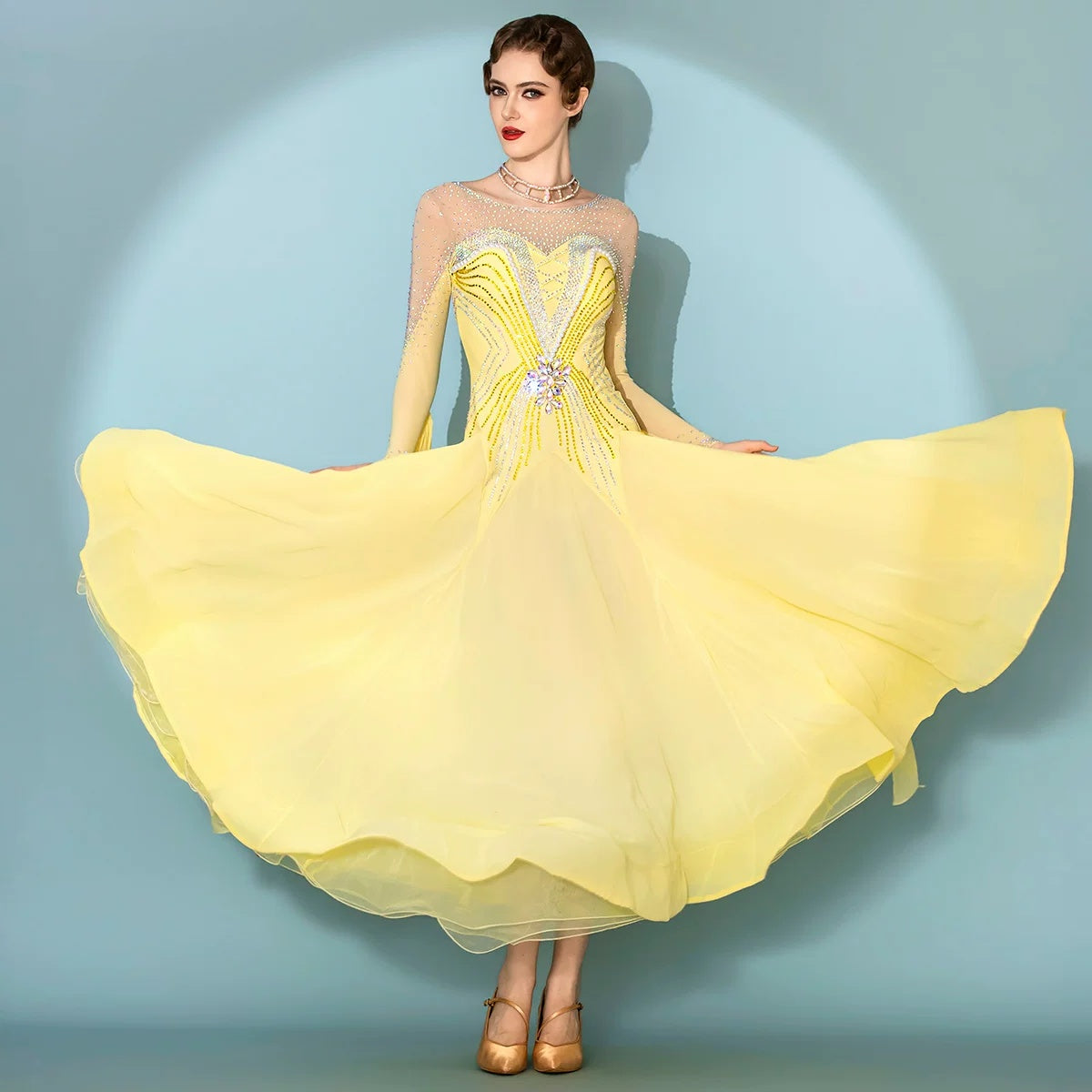 Custom Yellow Ballroom Dance Dress Rhinestone Waltz Foxtrot Smooth Competition Gown