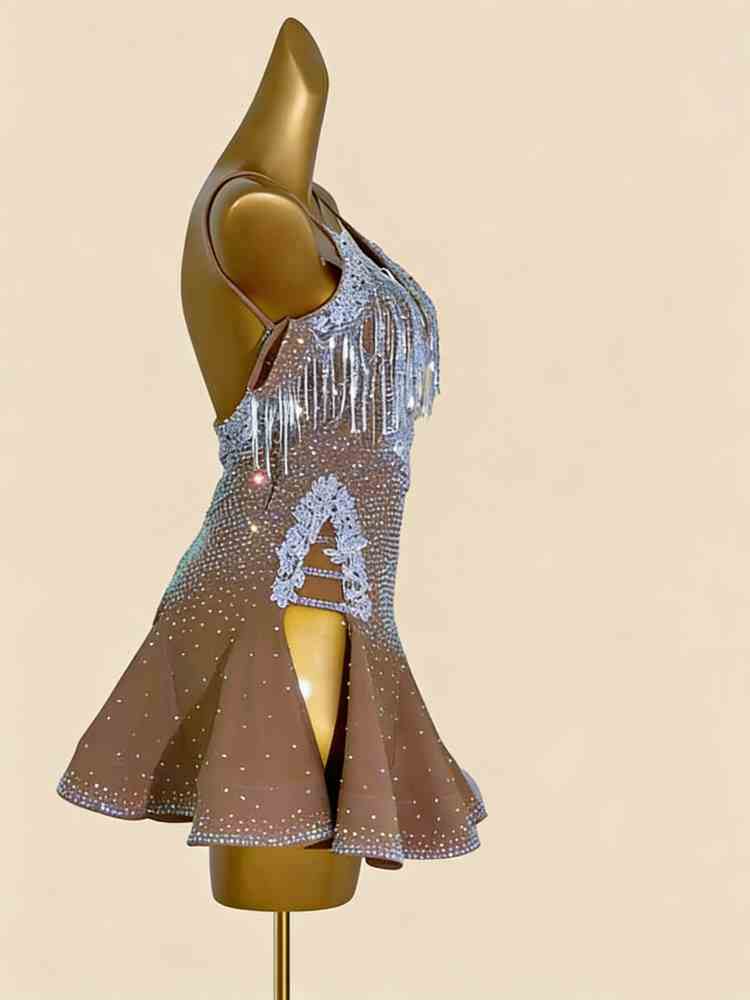Custom Size Women's Flesh Latin Dance Dresses Salsa Rumba Chacha Performance Costumes
