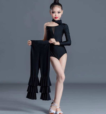 Girls Kids Black One Shoulder Ballroom Latin Dance Costumes Ballroom Salsa Rumba Latin Salsa Performance Outfits for Children - Moderndancedress.com