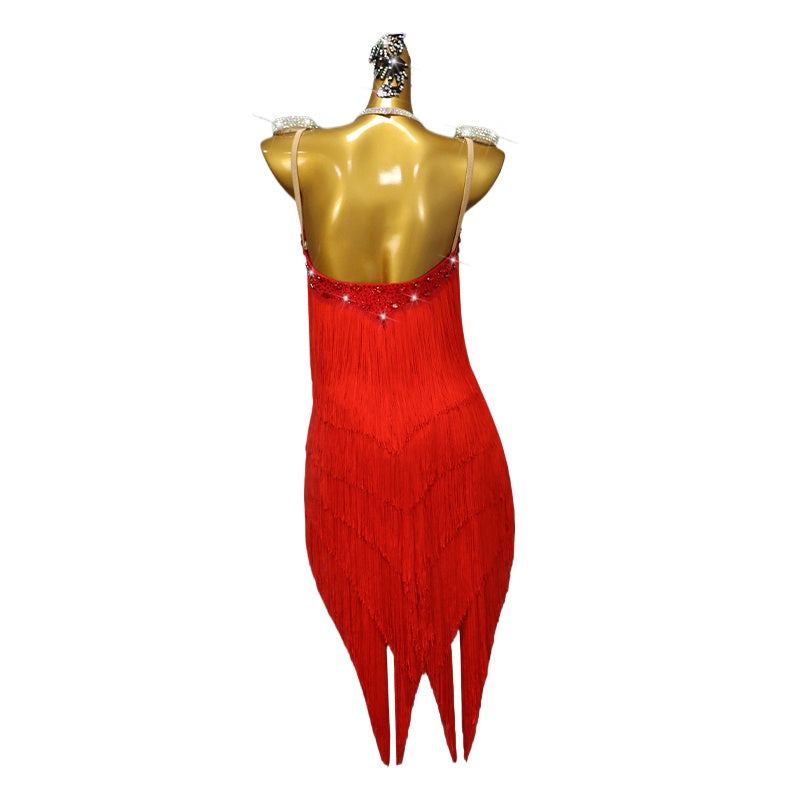 Red Fringe Competition Latin Dance Dresses for Women Girls Salsa Rumba Chacha Professional Dance Costumes - Moderndancedress.com