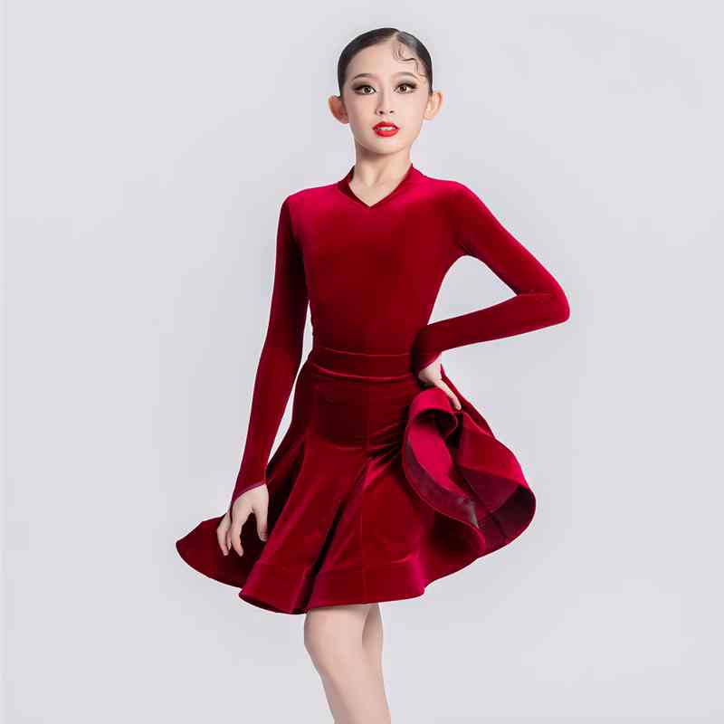 Wine Blue Yellow Latin Dance Competition Dresses for Children Girls Ballroom Salsa Chacha velvet Dance Clothes Party Performance Ball Gown - Moderndancedress.com