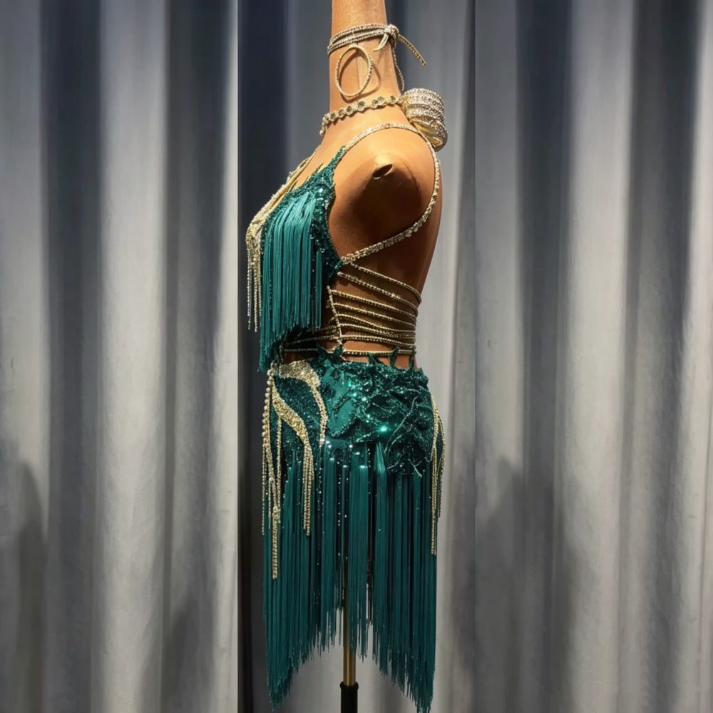 Custom Dark Green & Gold Latin Dance Dress | Crystal Beaded Ballroom Tassel Costume