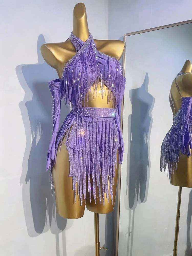 Custom Size Bling Fringe Latin Dance Dress for Women Light Blue Lavender Blackpool Dance Wear
