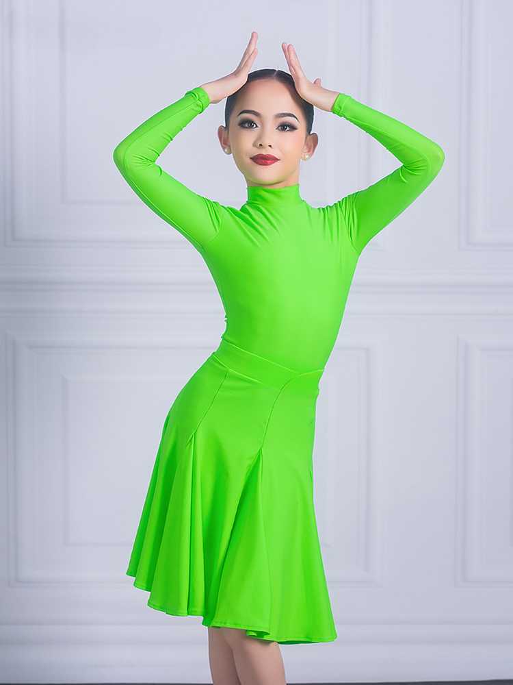 Orange green Latin dance regulations ballroom dance dress kids girls professional turtleneck salsa latin dance outfits for children - Moderndancedress.com