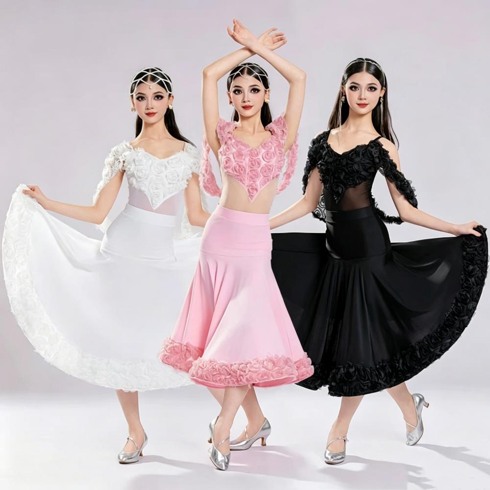 Girls Ballroom Dance Dress 3D Rose Flowers Pink White Waltz Tango Stage Performance Gown