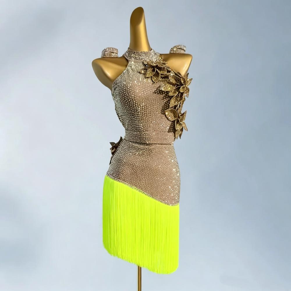 Custom Size Neon Yellow Competition Latin Dance Dress Blackpool Salsa Chacha Rumba Professional Dance Costume