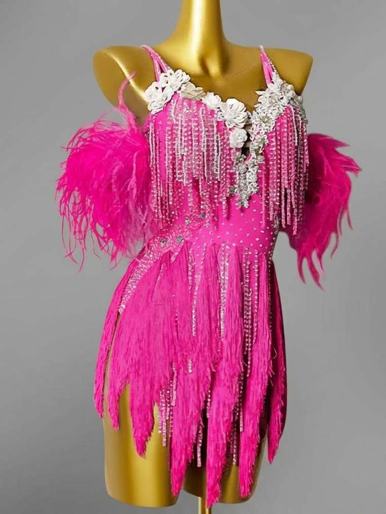 Custom Blue Latin Dance Competition Dress  Feather & 3D Flower Salsa Gown