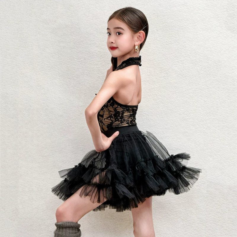 Kids Black Lace Latin Dance Dress Halter Neck Girls Ballroom Salsa Dance Costume