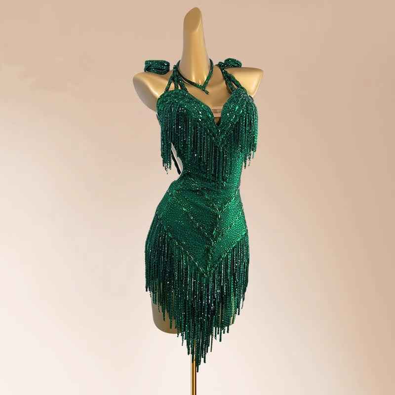 Custom Size Competition Latin Dance Dresses Dark Green Rhinestones Salsa Rumba Chacha Dance Costumes