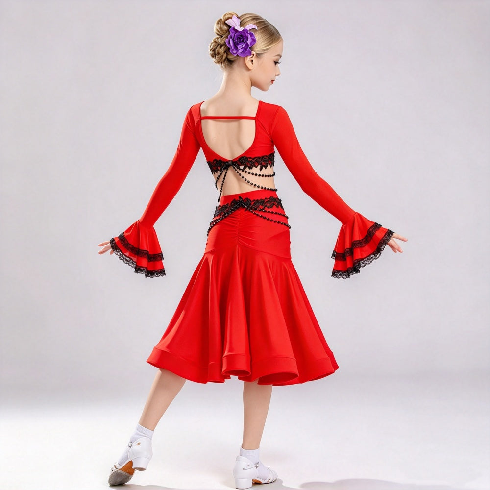 Girls Red Latin Ballroom Dance Dress 3-Piece in One Set Ballroom Performance Outfit