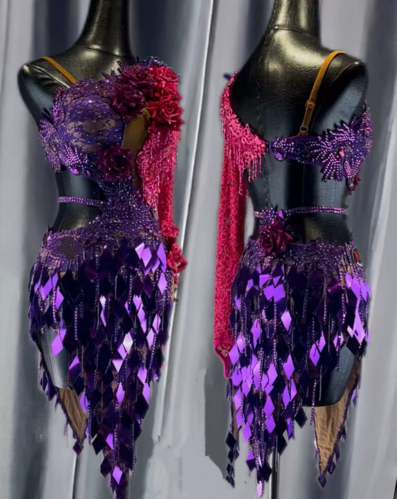 Custom Red & Black Lace Latin Dance Dress - Professional Paso Doble Costume