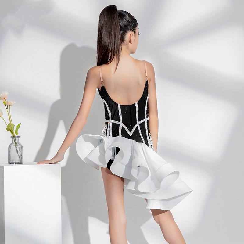 Girls Latin Dance Dresses White Black Petals Latin Salsa Rumba Chacha Performance Clothing for Kids