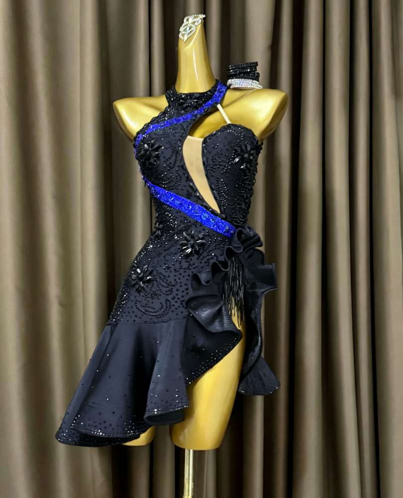Custom Slant Neck Red Latin Dance Dress with Yellow Stripe & Rhinestones Salsa Wear
