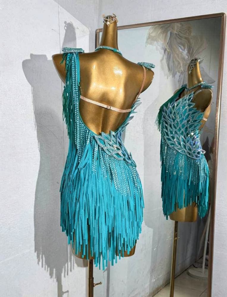 Custom Size Turquoise Petals Bling Competition Latin Dress Salsa Chacha Ballroom Dancing Costumes