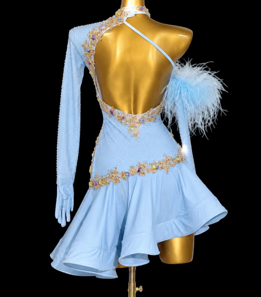 Custom Blue Latin Dance Competition Dress | Rhinestone with Feather Asymmetric Salsa Dance Costume