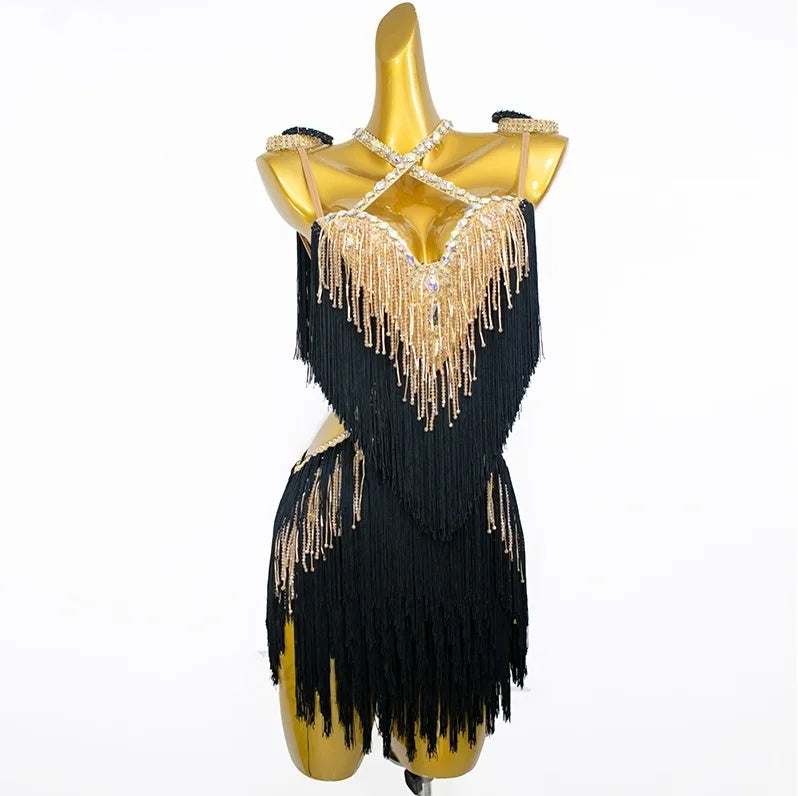 Custom Size Competition Black Gold Latin Dance Dresses Salsa Rumba Chacha Performance Costumes for Women