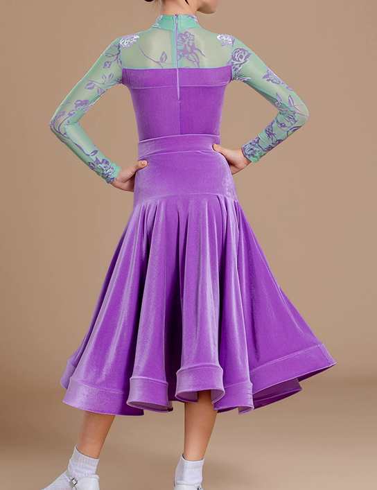 Girls Ballroom Dance Dresses Green Flowers Purple Pink Velvet Waltz Tango Dance Costumes for Kids Party Ball Performance Skirts