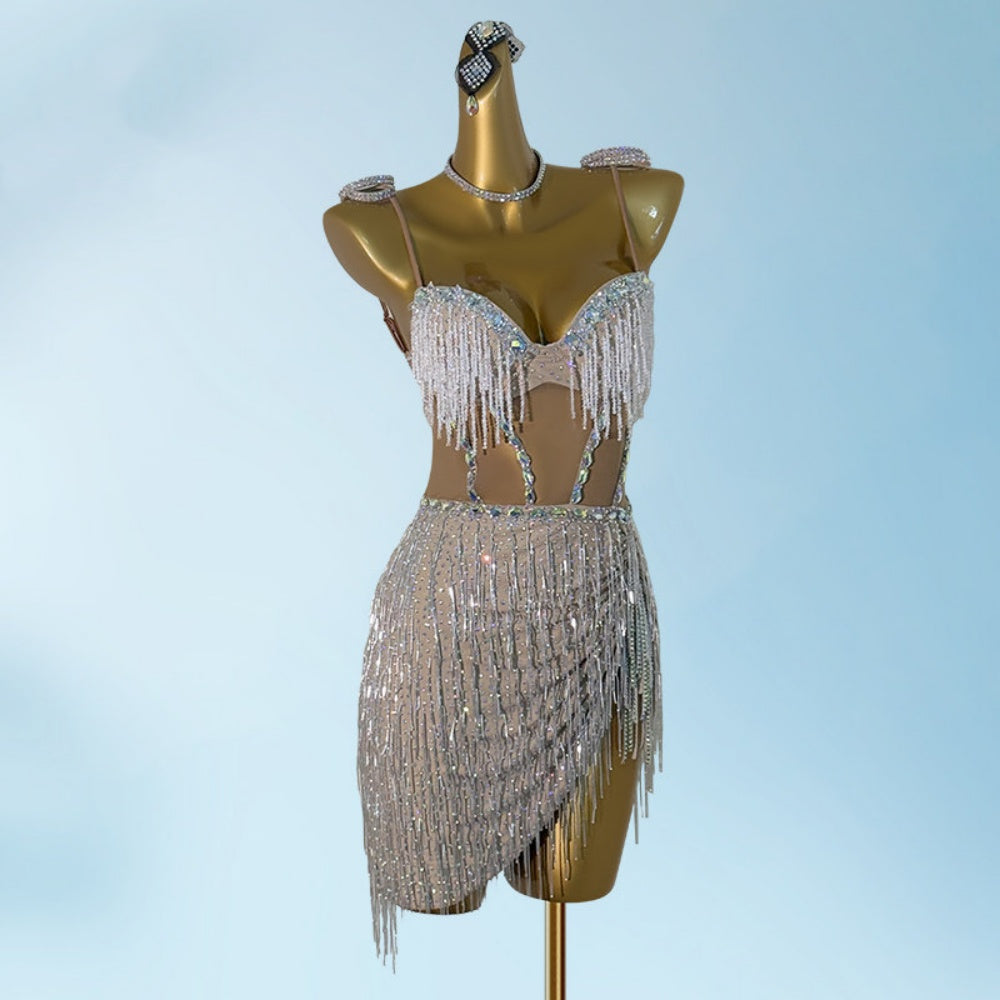 Custom Size Purple/Blue Fringe Latin Dance Dress with Rhinestones