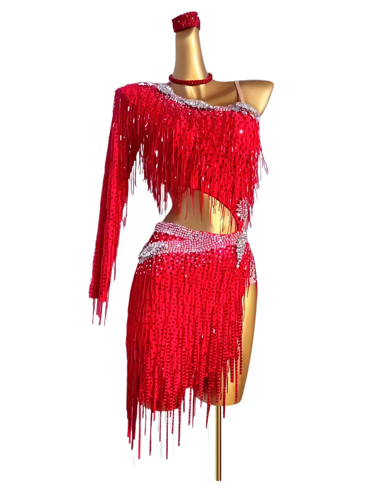 Custom Size Latin Dance Dresses for Women Girls Red Pink Bling Fringe Salsa Rumba Chacha Blackpool Dance Wear - Moderndancedress.com