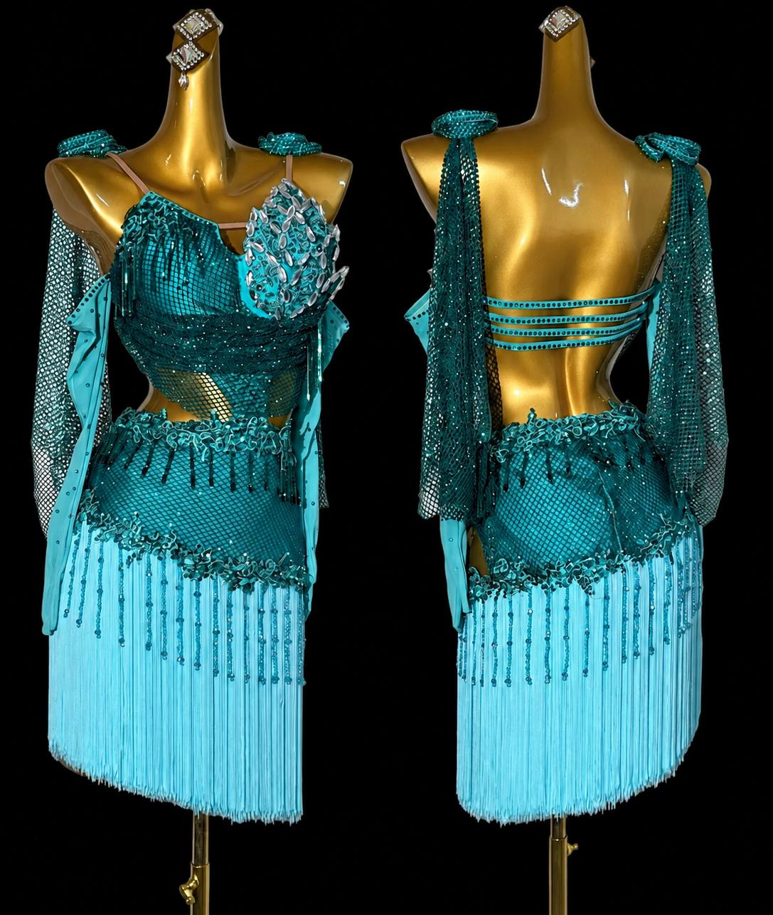 Custom Turquoise Fringe Competition Latin Dance Dress with Rhinestones Salsa Chacha Costume