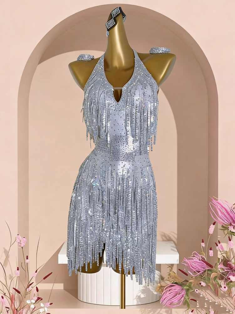 Custom Size Silver Latin Dress Competition Solo Ballroom Salsa Costume