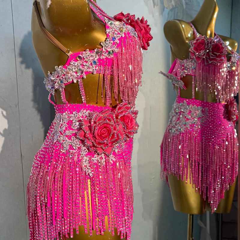Custom Size Hot Pink Latin Dance Dresses for Women Girls Salsa Rumba Blackpool Competition Costumes - Moderndancedress.com