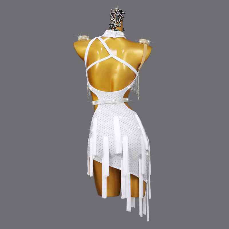 White Tassel Professional Latin Dance Dresses for Women Girls One Shoulder Gemstones Salsa Rumba Chacha Performance Clothing - Moderndancedress.com