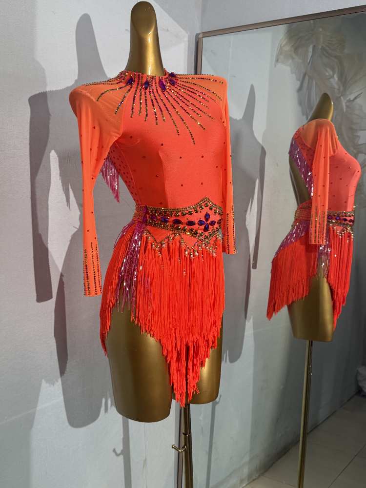 Custom Size Orange Fringe Competition Latin Dance Dresses for Women Girls Salsa Rumba Chacha Professional Dance Costumes