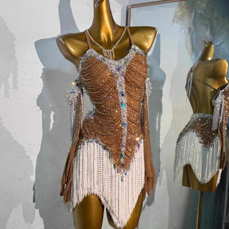 Custom Size Dark Flesh Competition Latin Dance Dresses for Women Girls Salsa Rumba Chacha Performance Costumes - Moderndancedress.com