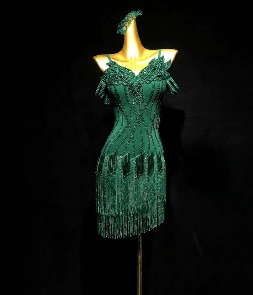 Custom Emerald Green Latin Dance Dress with 3D Petals Competition Blackpool Dancing Wear